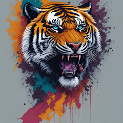 angry tiger, neon colors, t-shirt design, Memphis design style, digital art and watercolor, white background
