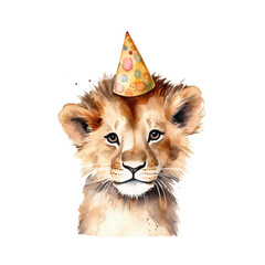 portrait little cute lion baby wearing a party hat in watercolor for birthday greetings