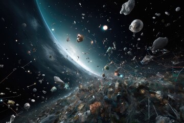 Naklejka premium Problem of space debris and the need for responsible space exploration. Generative AI