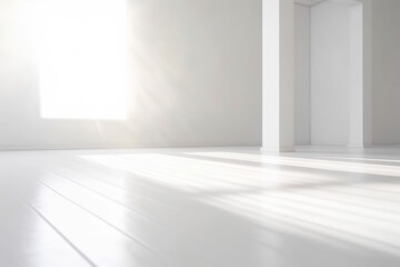 Minimalistic White Room with Blank Floor and Sunny Window. AI generative. Bright Warm Tones, Mock Up.