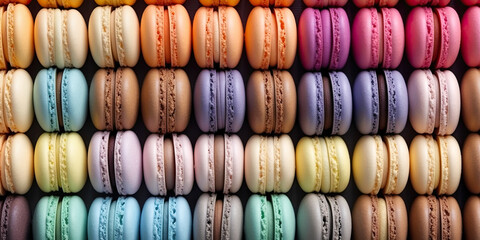 Traditional French Colorful Macaroons Cookies Stacked in Rows Top View Background. AI generative.