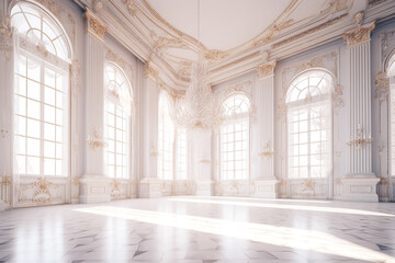 Fototapeta na wymiar White Marble Golden Luxury Palace Interior with Sunny Window. AI generative