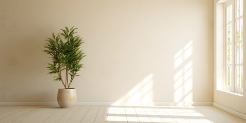 A plant stands alone in a light-flooded empty room with cream-white walls (Generative AI, Generativ, KI)