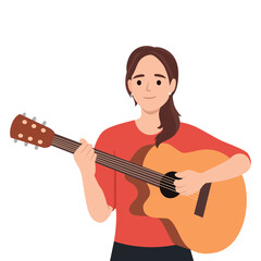 Fototapeta premium Music and creativity. woman in tshirt playing on acoustic guitar. Flat vector illustration isolated on white background