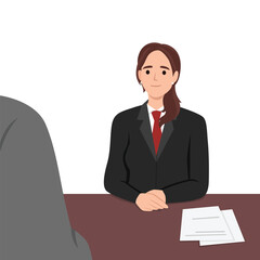 Young business woman smile interviewed. Flat vector illustration isolated on white background