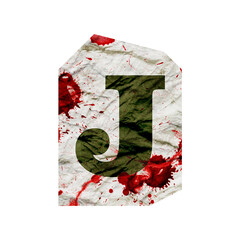 Cut out ransom alphabet letter. Blackmail Ransom Kidnapper Anonymous Note Font . Criminal Latin English ransom letter. Grungy torn crumpled paper font with blood splashes isolated on white background