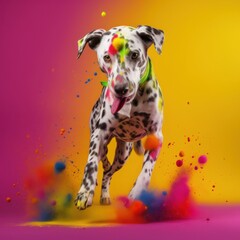 A cheerful playful dog jumps up among the colors of Holi, Dalmatian on a bright multi-colored background, generative ai