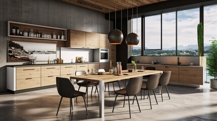 Fototapeta na wymiar design modern kitchen with wooden inserts. Generative AI