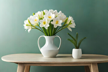 Freesia arrangement in a vase on a light green background, with a ceramic cone sculpture as minimalist decor