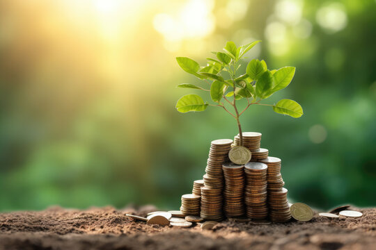 Saving money concept, Tree growing on coins stack with sun ray. Generative Ai © Achira22