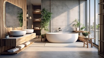Fototapeta na wymiar Modern bathroom. Design with panoramic window. Generative AI