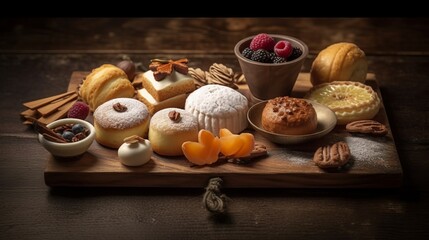 Delightful Array of Rustic Pastries on Wooden Board