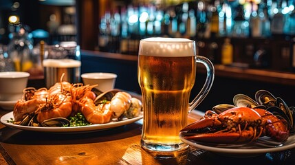 Beer in glass and crabs on the table close-up. Generative AI