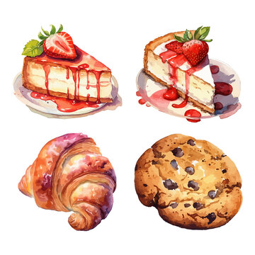 Set of cake, croissant and cookie dessert watercolor illustration for element, card, poster and decoration isolated on transparent bg cutout. Generative AI