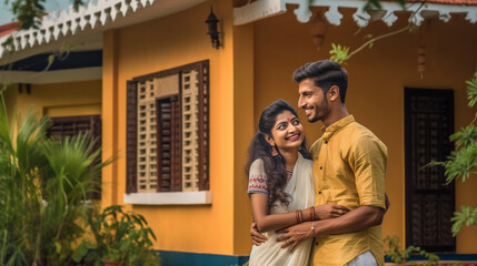 Fototapeta premium Young Adult Couple Standing In Front of Their New House - Generative AI.