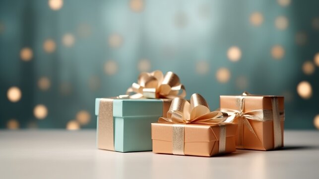 Gift box wrapped in recycled paper with ribbon bow, Generative AI