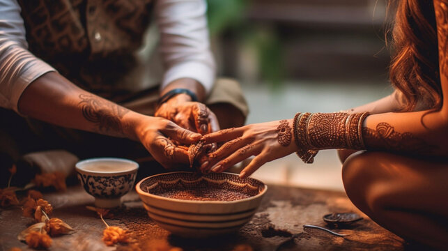 Mehndi, or Henna, Decorated Arm and Hand of Young Adult Indian Man and Woman During Marriage Ceremony - Generative AI.