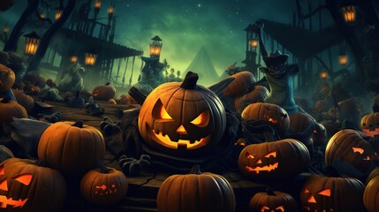 Halloween pumpkins under the moonlight, Generative AI