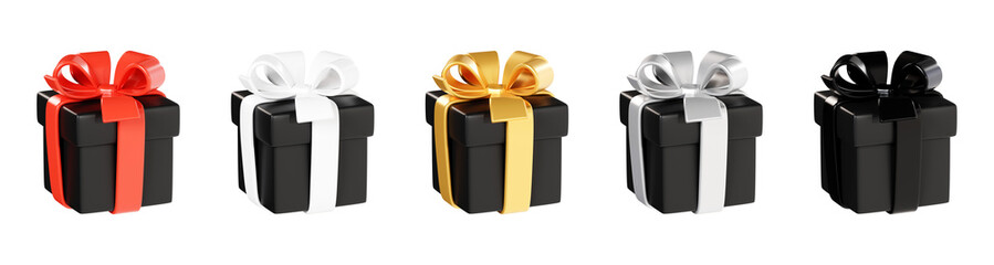 Black gift box with various ribbon and bow 3d render illustration for black friday and cyber monday sale banner.