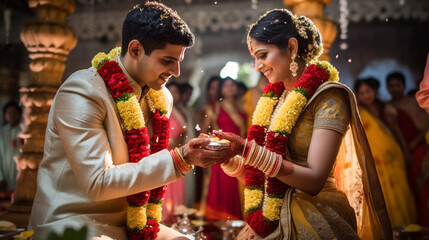 Happy Young Indian Couple Celebrating Their Rituals Of Marriage - Generative AI.
