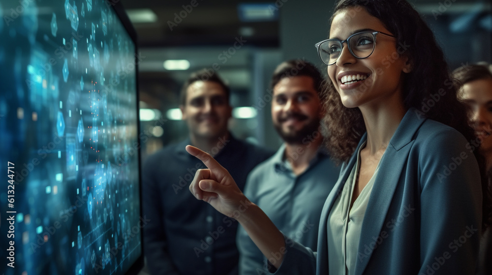 Wall mural Young Indian Female Executive In Front of Digital Screen Discusses Business Details with Her Colleagues - Generative AI.