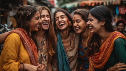 Happy Young Adult Indian Girlfriends Laughing Together In The Streets of New Delhi - Generative AI.