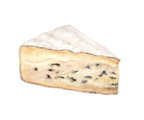 Piece of Brie cheese isolated on white background. Watercolor illustration.