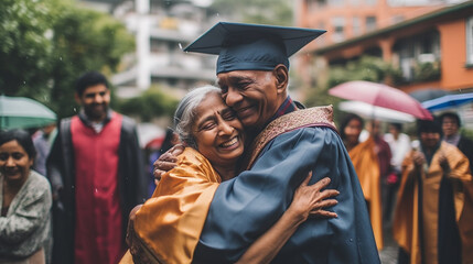 Obraz premium Happy Senior Adult Indian Male Wearing Graduate Cap and Gown Hugging Wife At His Graduation Ceremony - Generative AI.