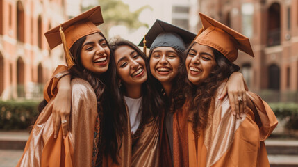 Obraz premium Happy Young Adult Indian Female Friends Wearing Graduate Cap and Gown Hugging at Their Graduation Ceremony - Generative AI.