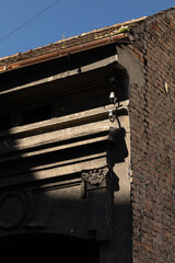 Facade part of a classical building. Abandoned building.