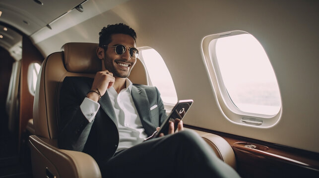 Young Adult Affluent Indian Man Talking On His Cell Phone In His Private Executive Jet - Generative Ai.
