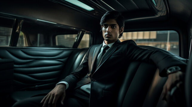 Stylish Young Adult Indian Man Riding in the Back of His Limousine - Generative AI.