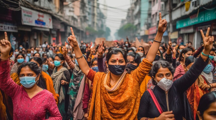 Hundreds Of Indian Women Wearing Medical Face Masks Protest in the Streets of India - Generative AI.