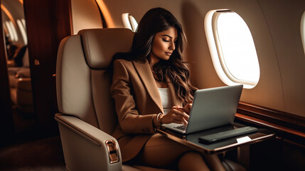 Young Adult Affluent Indian Woman Sitting and Working on Her Computer Laptop In Her Private Executive Jet - Generative Ai. - obrazy, fototapety, plakaty