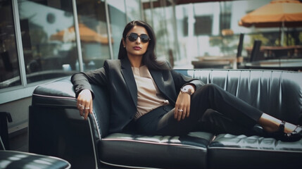 Stylish Young Adult Indian Woman Sitting In An Outdoor Cafe - Generative AI.