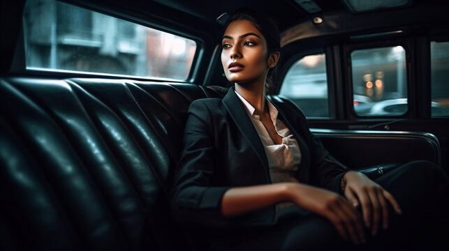 Stylish Young Adult Indian Woman Riding in the Back of Her Limousine - Generative AI.