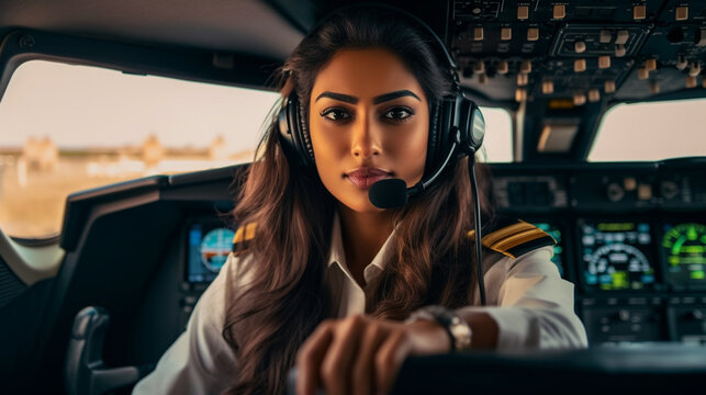 Young Adult Indian Female Pilot in the Cockpit of Her Airplane - Generative AI.