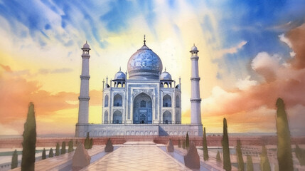 Fototapeta na wymiar Watercolor Sketch of the Taj Mahal in India - Generative AI.