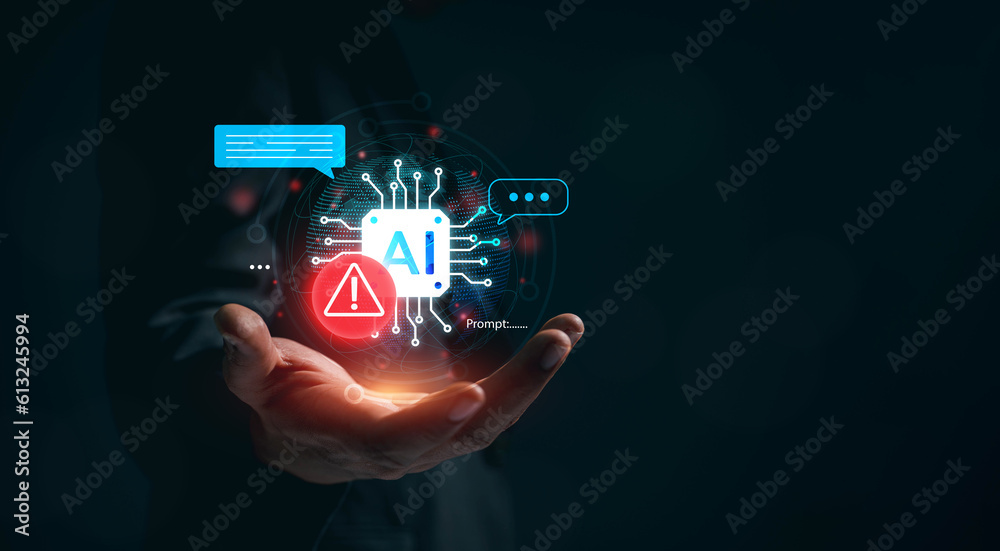 Leinwandbilder business man holding digital chatbot artificial intelligence (ai) with hacking and warning alert. cy