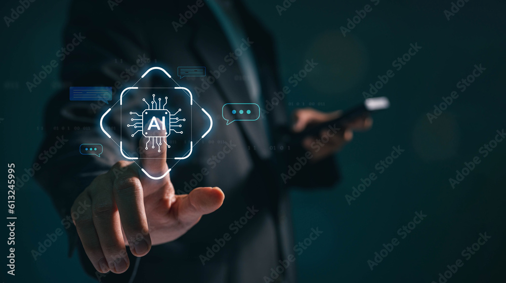 Poster business man using digital chatbot application artificial intelligence (ai) at home for online custo