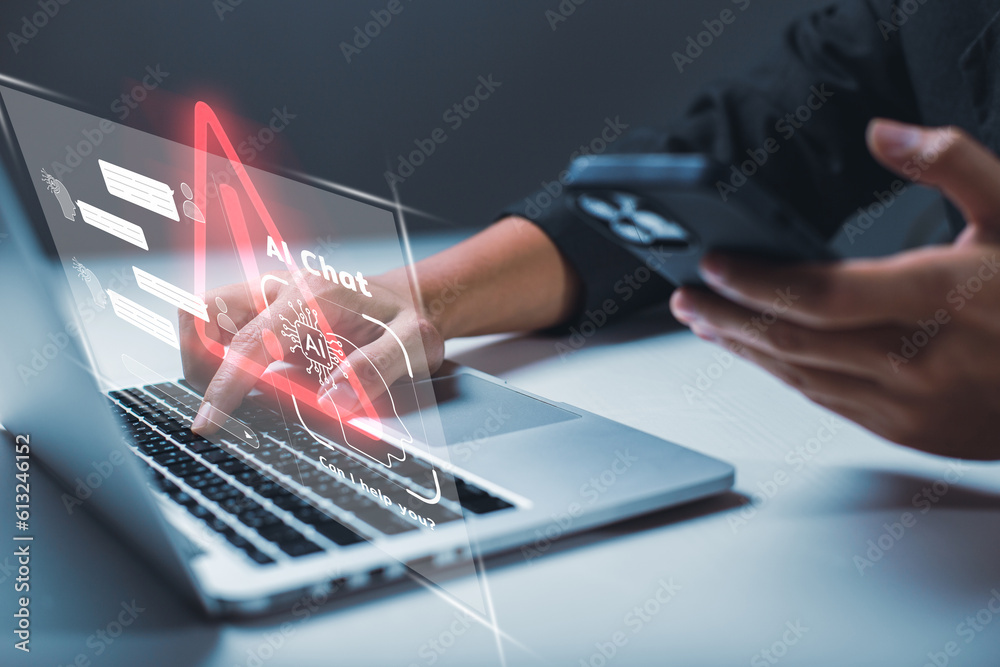 Leinwandbilder Business man using digital chatbot Artificial Intelligence (AI) with hacking and warning alert. cyber attack network, spyware or Malicious software. Technology cyber security and cybercrime.