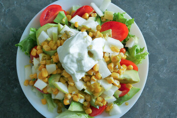 fresh vegetable salad and yogurt on a plate 
