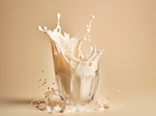 Splashes of milk in a glass on beige background