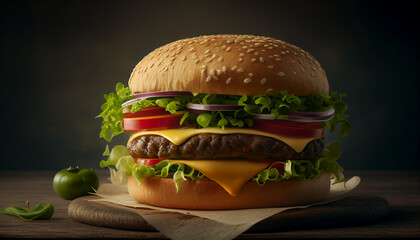 Burger with mushrooms and cheese, hamburger prepared from homemade with lettuce and cheese, Generative AI