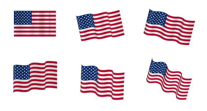 USA flag vector illustrations.3D vector illustration of United States of America flying flag wave. Set of 8 variations flying type flag