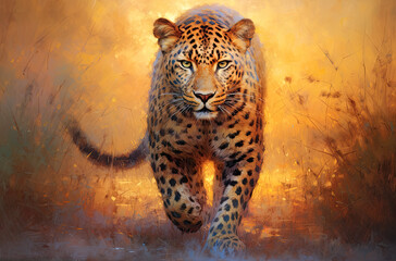 Leopardo caminando en la sabana africana.Ilustración de Ia generativa - obrazy, fototapety, plakaty