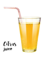 Watercolor citrus juice in a glass with a straw isolated on white background. Hand-drawn painting