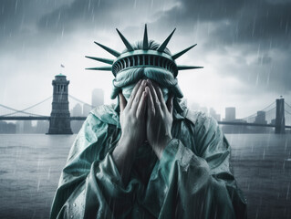 Statue of Liberty shedding tears  her hands covering her face in despair. A poignant depiction of a symbol in distress. Generative AI..