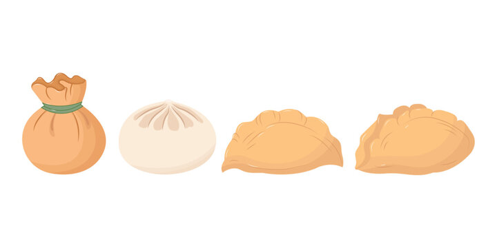 Set with Chinese dumplings dim sum, wonton and jiaozi flat vector isolated in white background. 