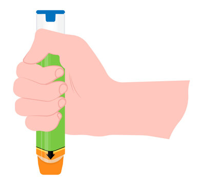 Hand hold Epinephrine Anaphylaxis the allergy drug for face swollen and bee sting by adrenaline syringe dose of allergen nut to treat life threatening in septic heart failure